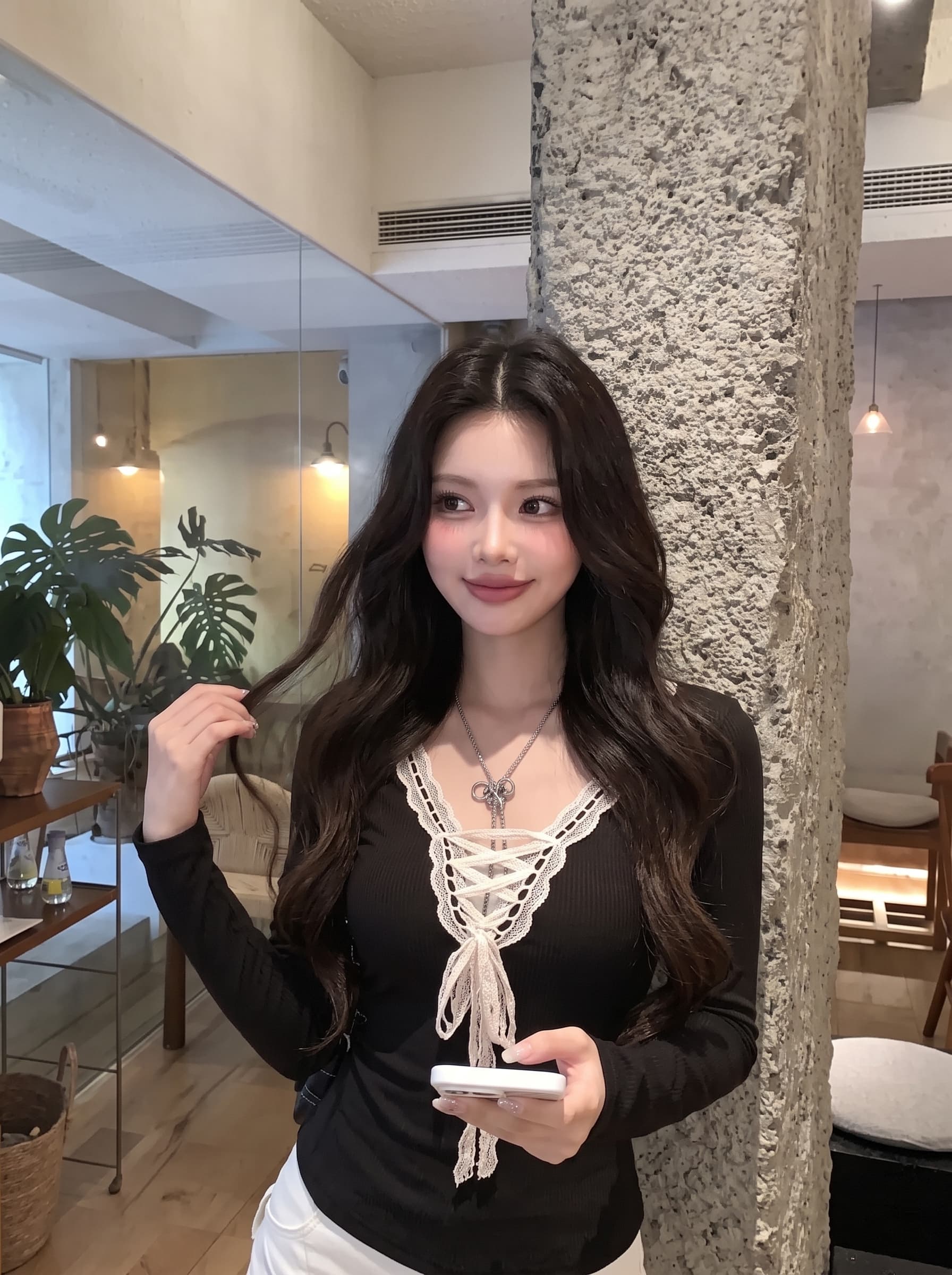 실사 정가 나비 매듭 레이스 스트랩 맨위 여성 가을 프랑스식 몸매 가꾸기 티셔츠 상세 이미지 3