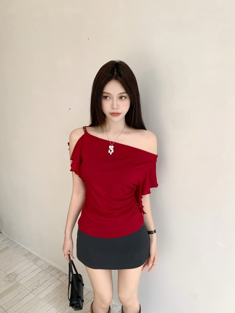 실사 디자인 센스 빨간색 오프숄더 셔츠 맨위 여름 지방 mm 핫걸 허리 수축 슬림해 보이는 프릴 비스듬한 어깨 반팔 t 상세 이미지 5