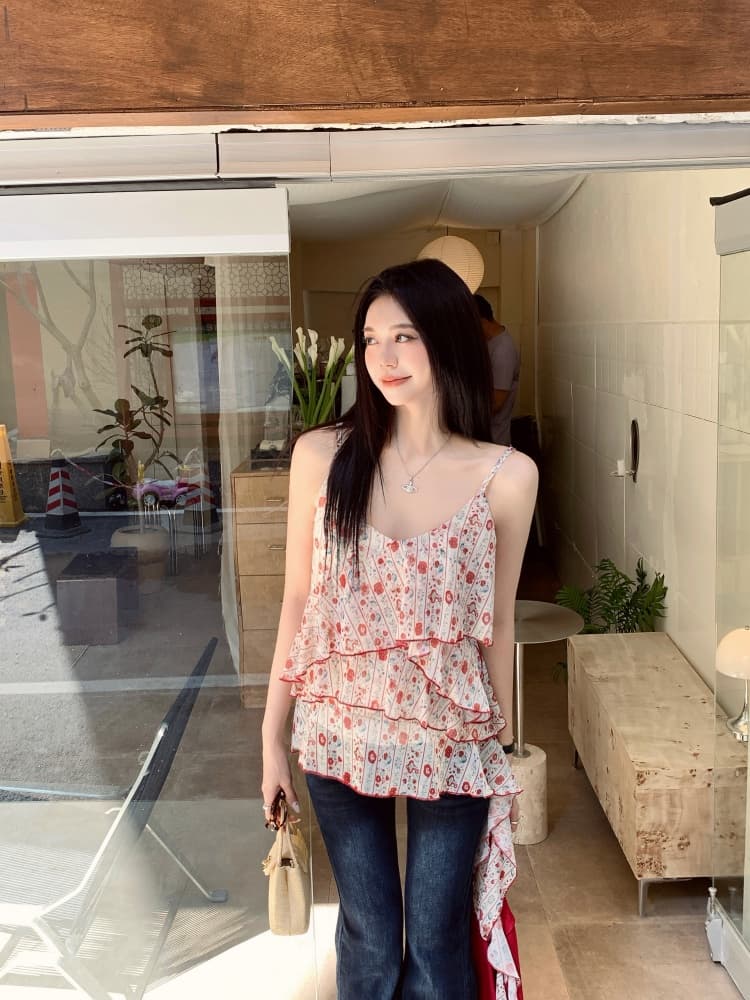 실사 여름 지방 mm 새로운 쉬폰 분위기 센스 빨간색 꽃무늬 작은 슬링 프릴 맨위 오픈 가디건 투피스 세트 상세 이미지 17