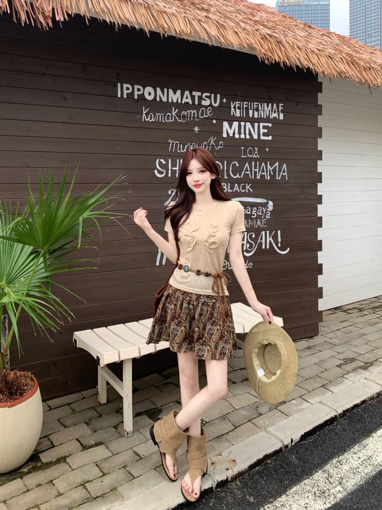 실사 디자인 센스 홀로우 아웃 다용도 오래된 돈 바람 지방 mm 여름 새로운 긍정적 인 어깨 티셔츠 캐슈 꽃 반신 스커트 미니 스커트 상세 이미지 10