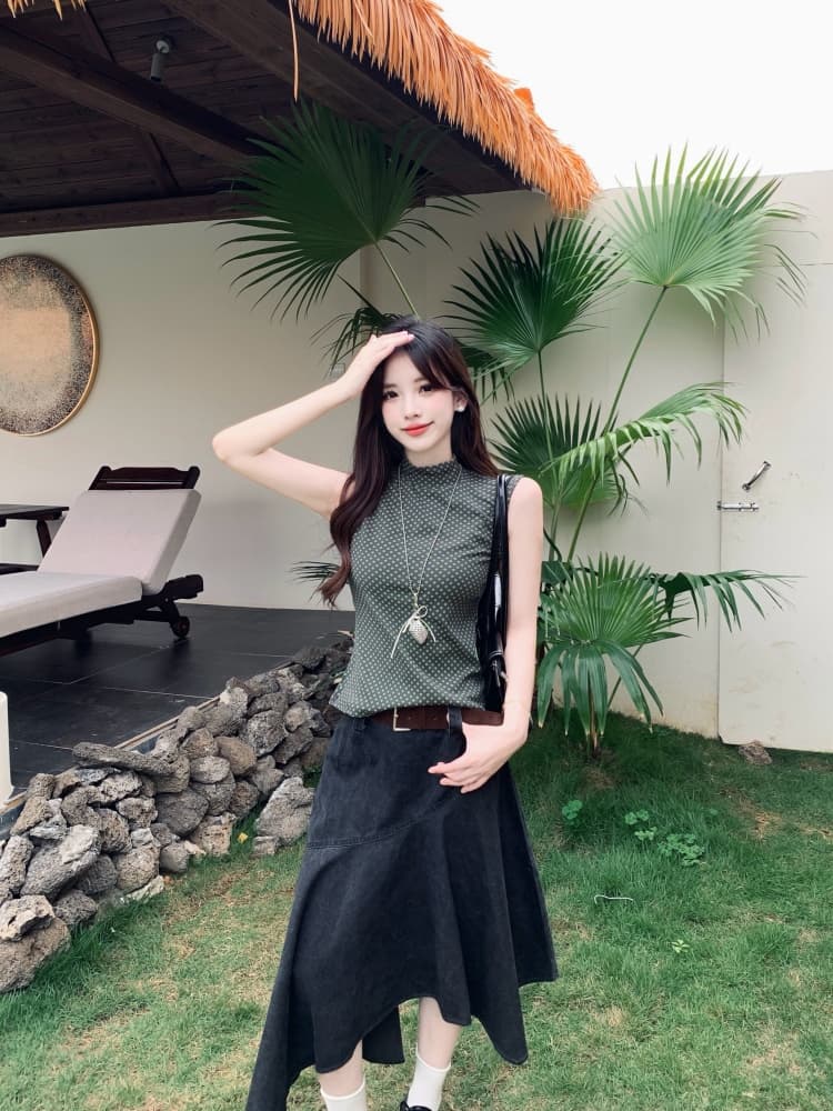 실사 불규칙 데님 반신 스커트 지방 mm 여름 중간 길이 레트로 디자인 센스 조끼 항구 바람 반하이넥 상세 이미지 4