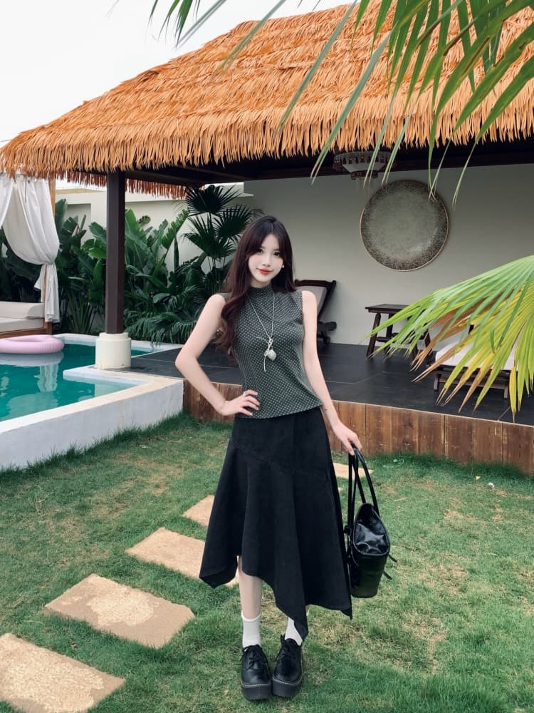 실사 불규칙 데님 반신 스커트 지방 mm 여름 중간 길이 레트로 디자인 센스 조끼 항구 바람 반하이넥 상세 이미지 6