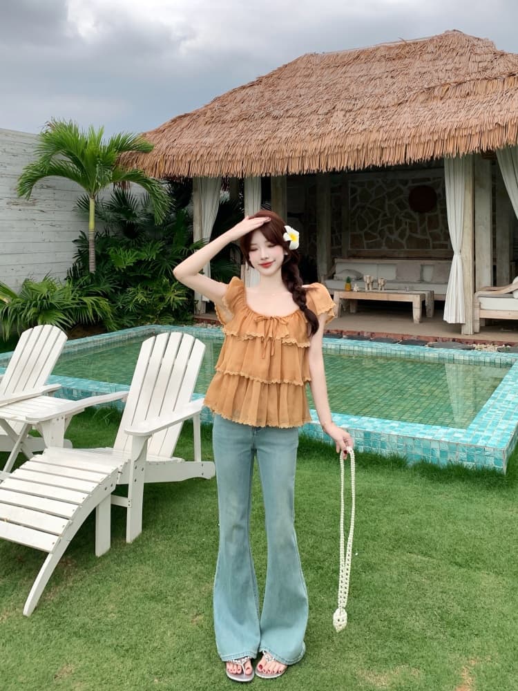 실사 레이스 레이스 Feifei 소매 쉬폰 지방 mm 2026 여름 새로운 u 칼라 프릴 슈퍼 요정 연령 감소 맨위 상세 이미지 10
