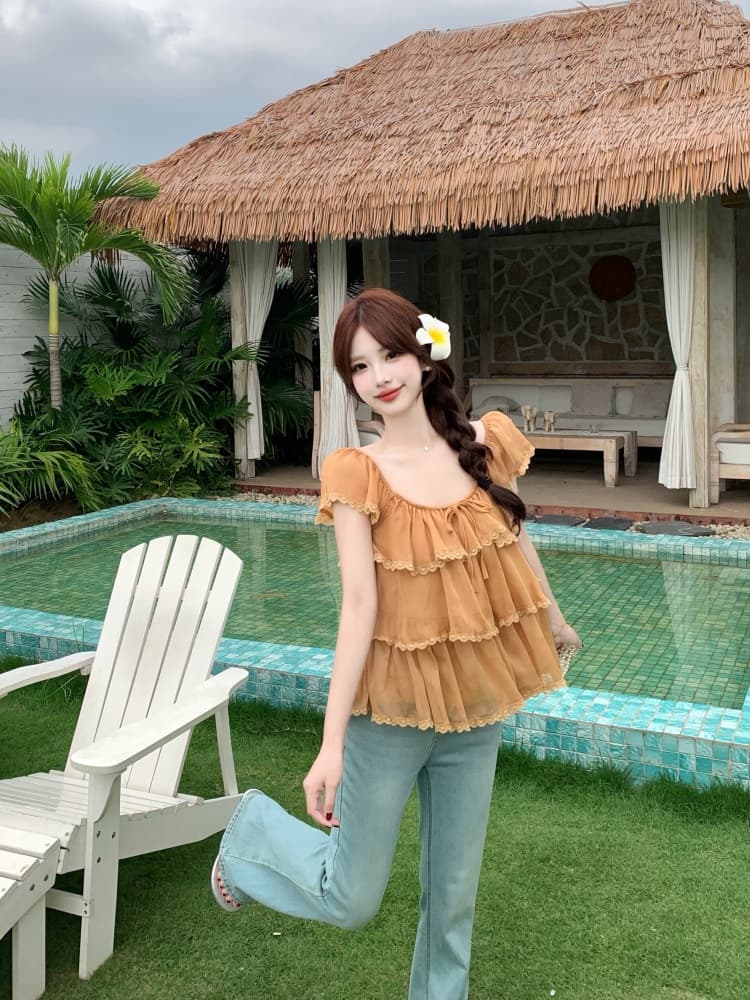 실사 레이스 레이스 Feifei 소매 쉬폰 지방 mm 2026 여름 새로운 u 칼라 프릴 슈퍼 요정 연령 감소 맨위 상세 이미지 12
