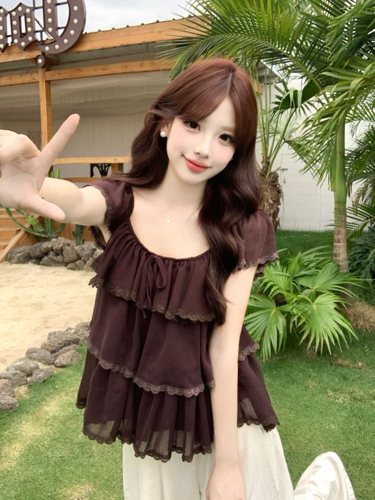 실사 레이스 레이스 Feifei 소매 쉬폰 지방 mm 2026 여름 새로운 u 칼라 프릴 슈퍼 요정 연령 감소 맨위 상세 이미지 18