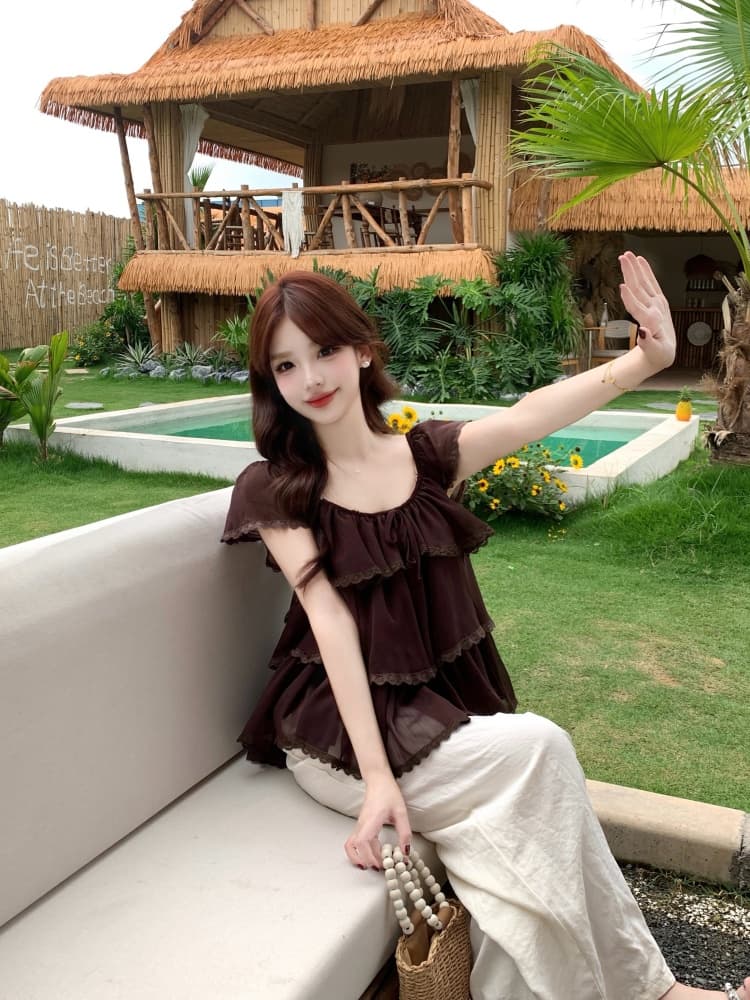 실사 레이스 레이스 Feifei 소매 쉬폰 지방 mm 2026 여름 새로운 u 칼라 프릴 슈퍼 요정 연령 감소 맨위 상세 이미지 23