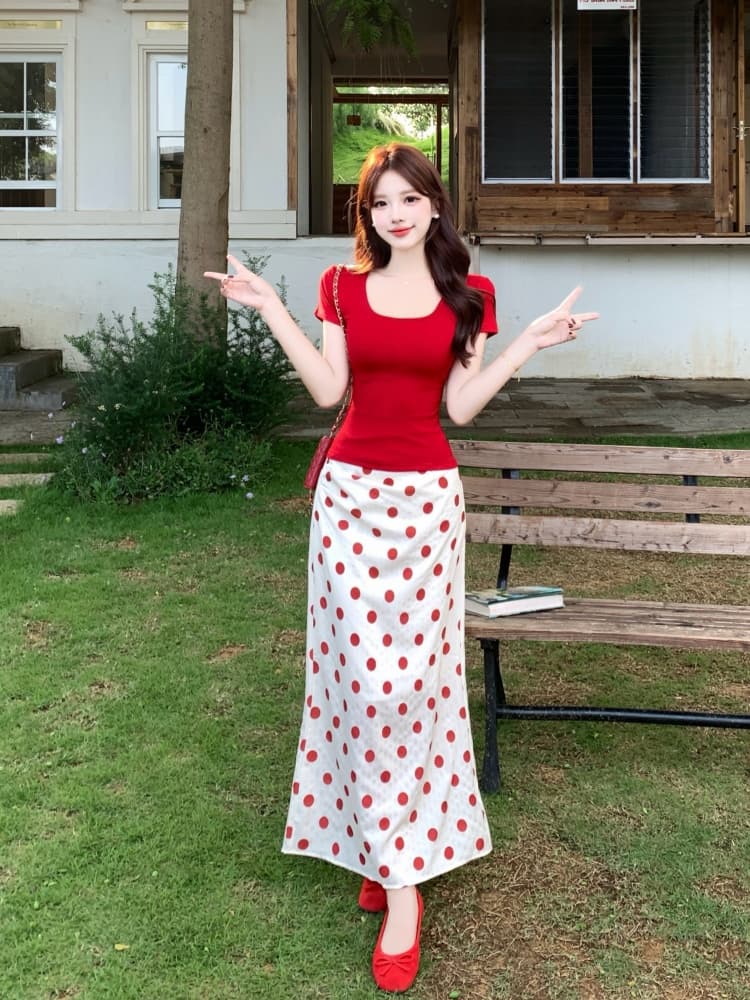 실사 여름 빛 요리 한 세트 2026 새로운 한 부서 지방 mm 반팔 티셔츠 레트로 도트 무늬 반신 스커트 투피스 세트