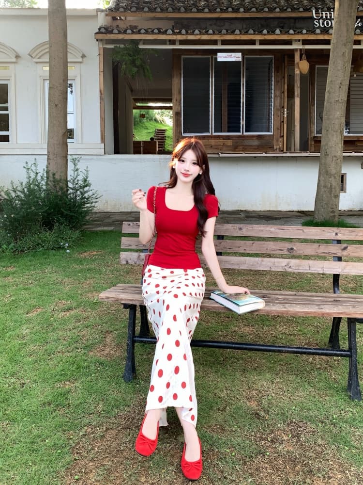 실사 여름 빛 요리 한 세트 2026 새로운 한 부서 지방 mm 반팔 티셔츠 레트로 도트 무늬 반신 스커트 투피스 세트 상세 이미지 8