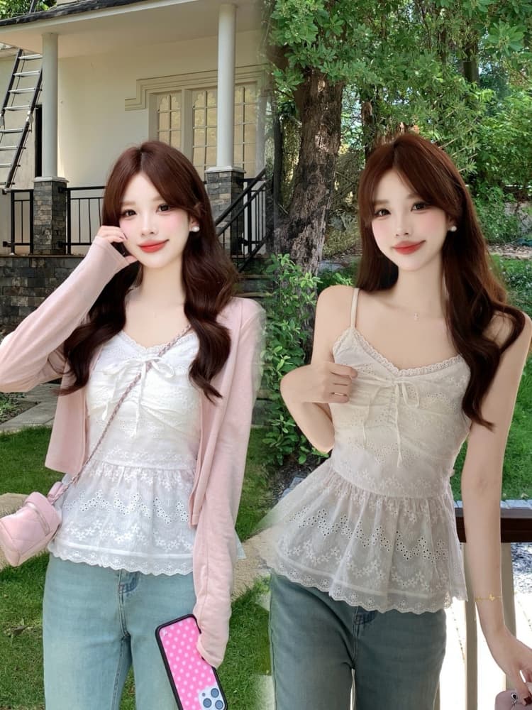 실사 화이트 레이스 레이스 캐미솔 여름 지방 mm 2026 새로운 한 부서 달콤함 몸매 가꾸기 슬림해 보이는 오픈 가디건