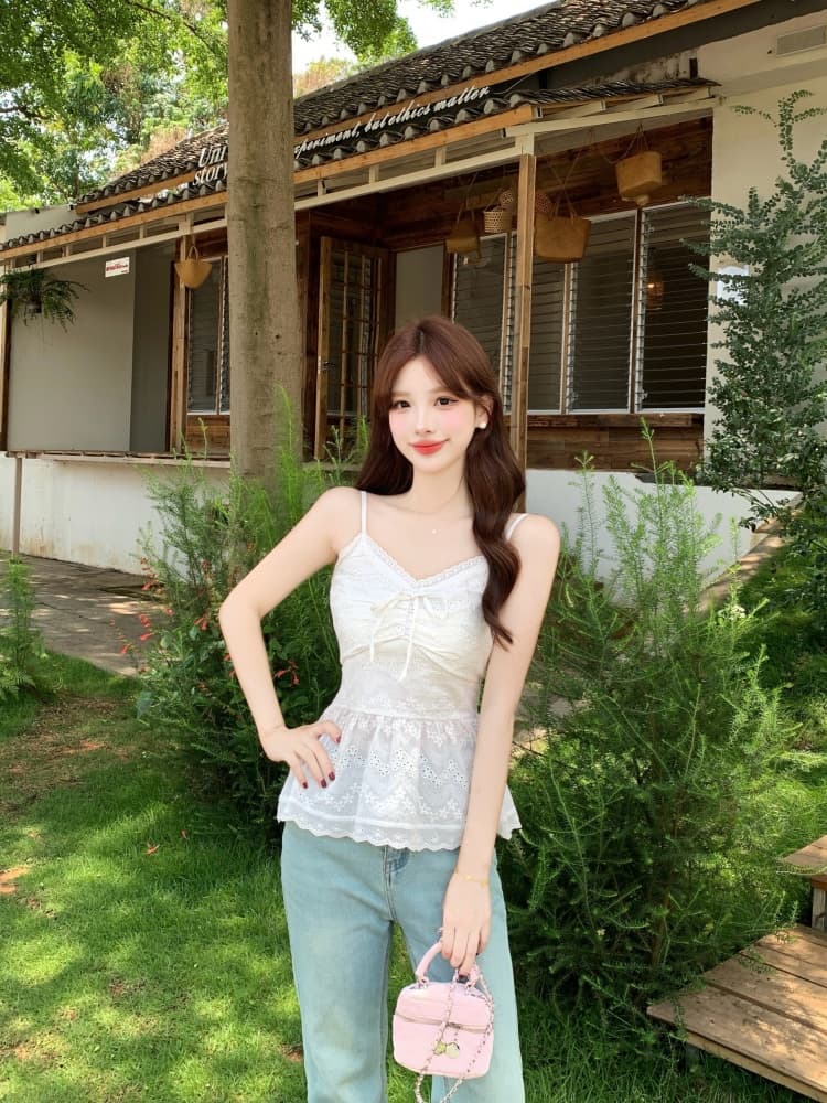 실사 화이트 레이스 레이스 캐미솔 여름 지방 mm 2026 새로운 한 부서 달콤함 몸매 가꾸기 슬림해 보이는 오픈 가디건 상세 이미지 5