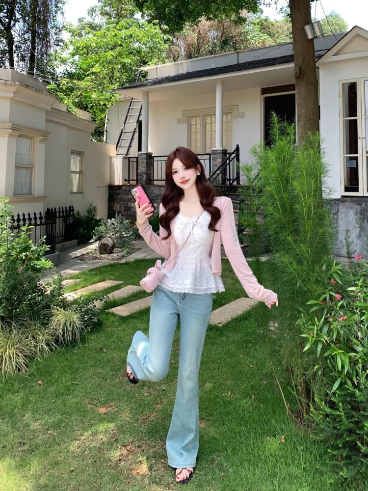 실사 화이트 레이스 레이스 캐미솔 여름 지방 mm 2026 새로운 한 부서 달콤함 몸매 가꾸기 슬림해 보이는 오픈 가디건 상세 이미지 9