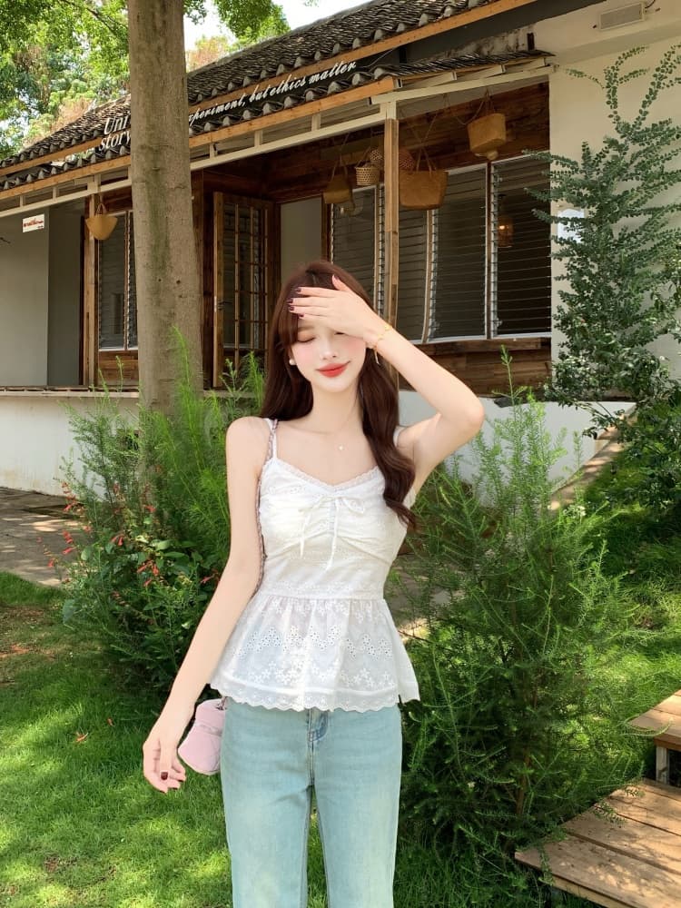 실사 화이트 레이스 레이스 캐미솔 여름 지방 mm 2026 새로운 한 부서 달콤함 몸매 가꾸기 슬림해 보이는 오픈 가디건 상세 이미지 13