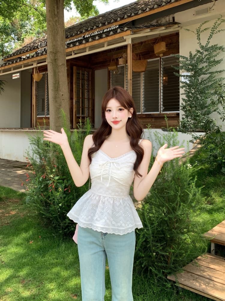실사 화이트 레이스 레이스 캐미솔 여름 지방 mm 2026 새로운 한 부서 달콤함 몸매 가꾸기 슬림해 보이는 오픈 가디건 상세 이미지 14