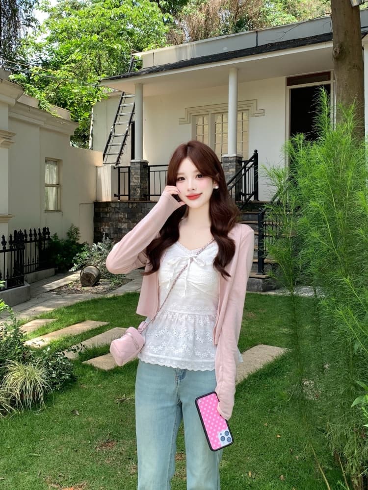 실사 화이트 레이스 레이스 캐미솔 여름 지방 mm 2026 새로운 한 부서 달콤함 몸매 가꾸기 슬림해 보이는 오픈 가디건 상세 이미지 15