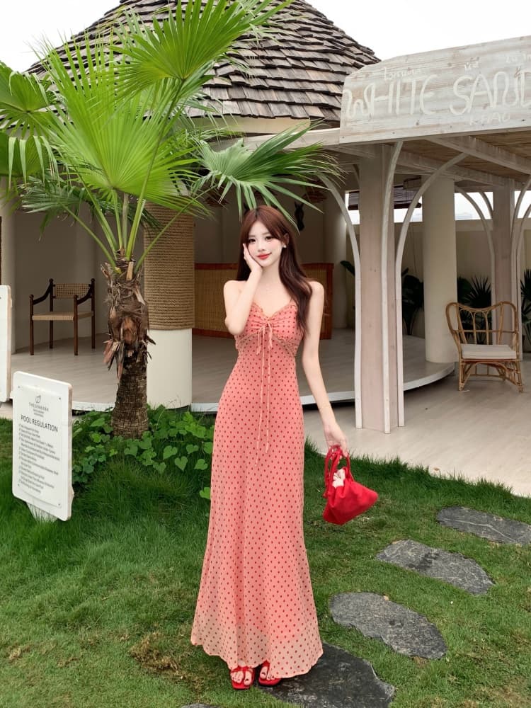 실사 프랑스식 레트로 알몸의 분말 도트 무늬 드레스 여름 새로운 지방 mm 허리 수축 몸매 가꾸기 롱 스커트 부드러운 바람 휴가 이미지 2