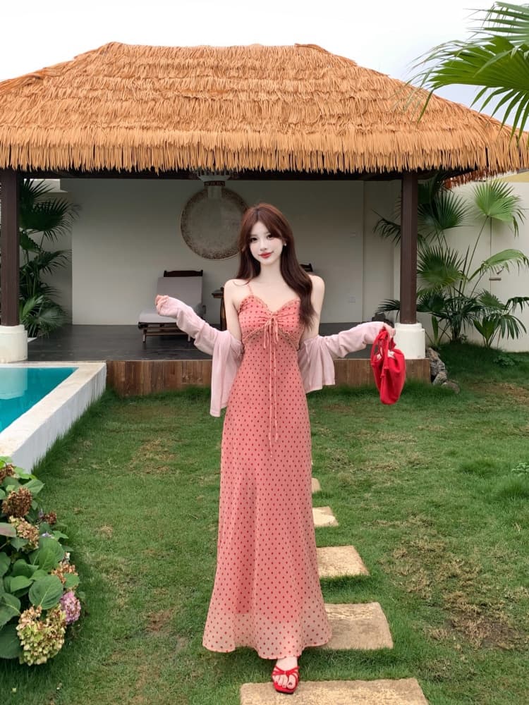 실사 프랑스식 레트로 알몸의 분말 도트 무늬 드레스 여름 새로운 지방 mm 허리 수축 몸매 가꾸기 롱 스커트 부드러운 바람 휴가 이미지 3