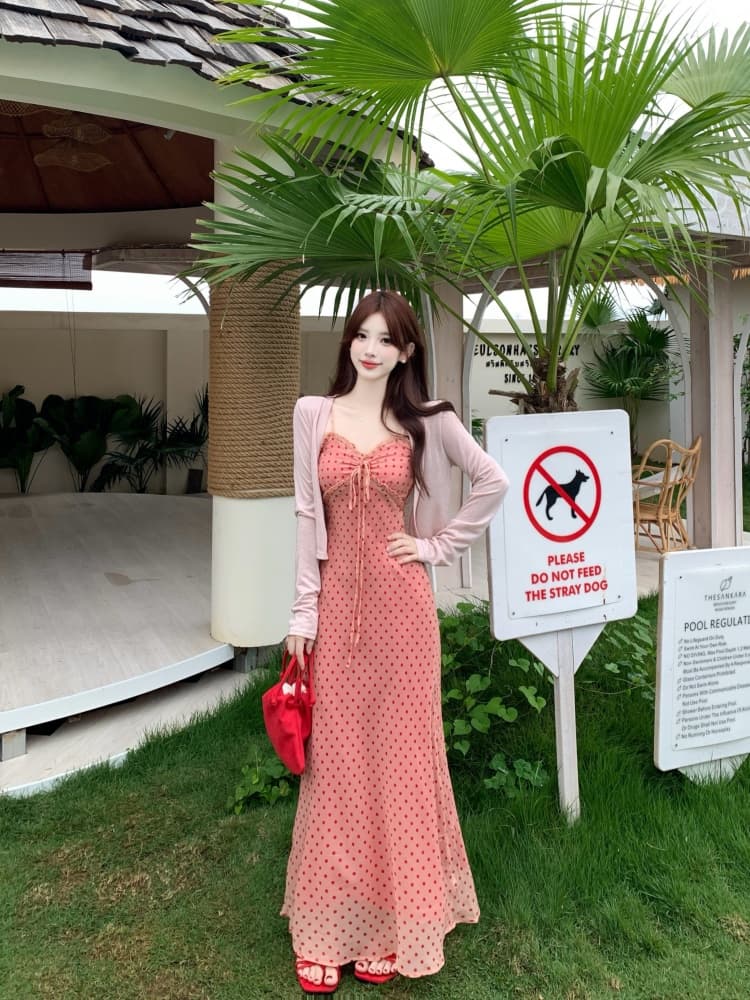 실사 프랑스식 레트로 알몸의 분말 도트 무늬 드레스 여름 새로운 지방 mm 허리 수축 몸매 가꾸기 롱 스커트 부드러운 바람 휴가 이미지 4