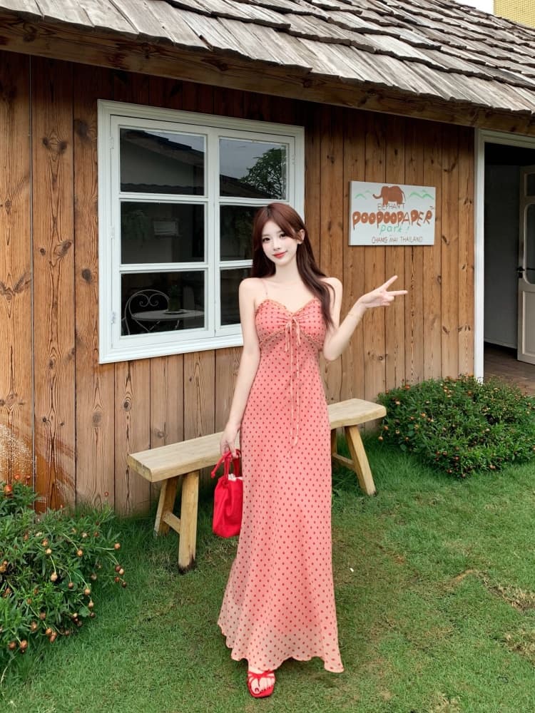 실사 프랑스식 레트로 알몸의 분말 도트 무늬 드레스 여름 새로운 지방 mm 허리 수축 몸매 가꾸기 롱 스커트 부드러운 바람 휴가 상세 이미지 6