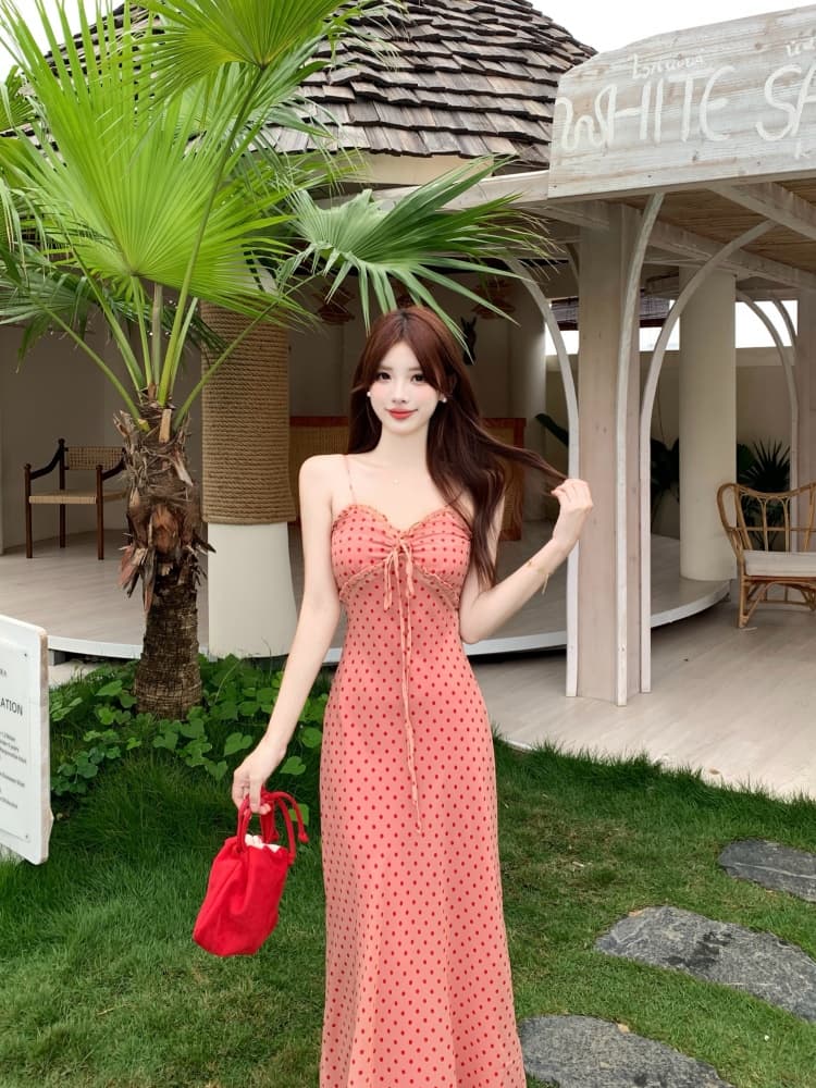실사 프랑스식 레트로 알몸의 분말 도트 무늬 드레스 여름 새로운 지방 mm 허리 수축 몸매 가꾸기 롱 스커트 부드러운 바람 휴가 상세 이미지 12
