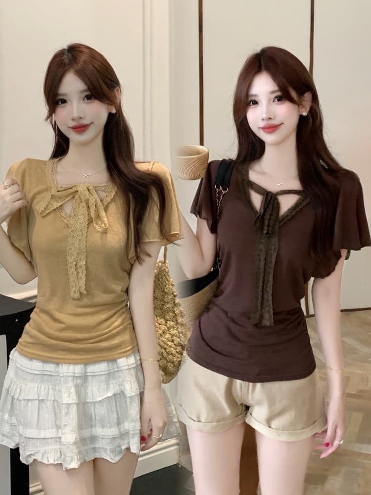 실사 한국 스타일 패션 품격 디자인 센스 지방 mm 레이스 조각 반팔 티셔츠 2026 새로운 캐주얼 작은 셔츠
