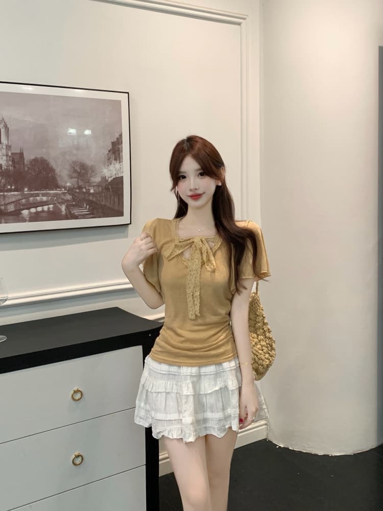 실사 한국 스타일 패션 품격 디자인 센스 지방 mm 레이스 조각 반팔 티셔츠 2026 새로운 캐주얼 작은 셔츠 상세 이미지 2