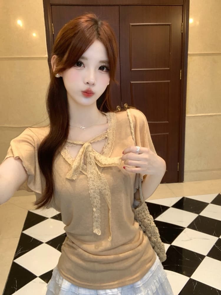 실사 한국 스타일 패션 품격 디자인 센스 지방 mm 레이스 조각 반팔 티셔츠 2026 새로운 캐주얼 작은 셔츠 상세 이미지 3