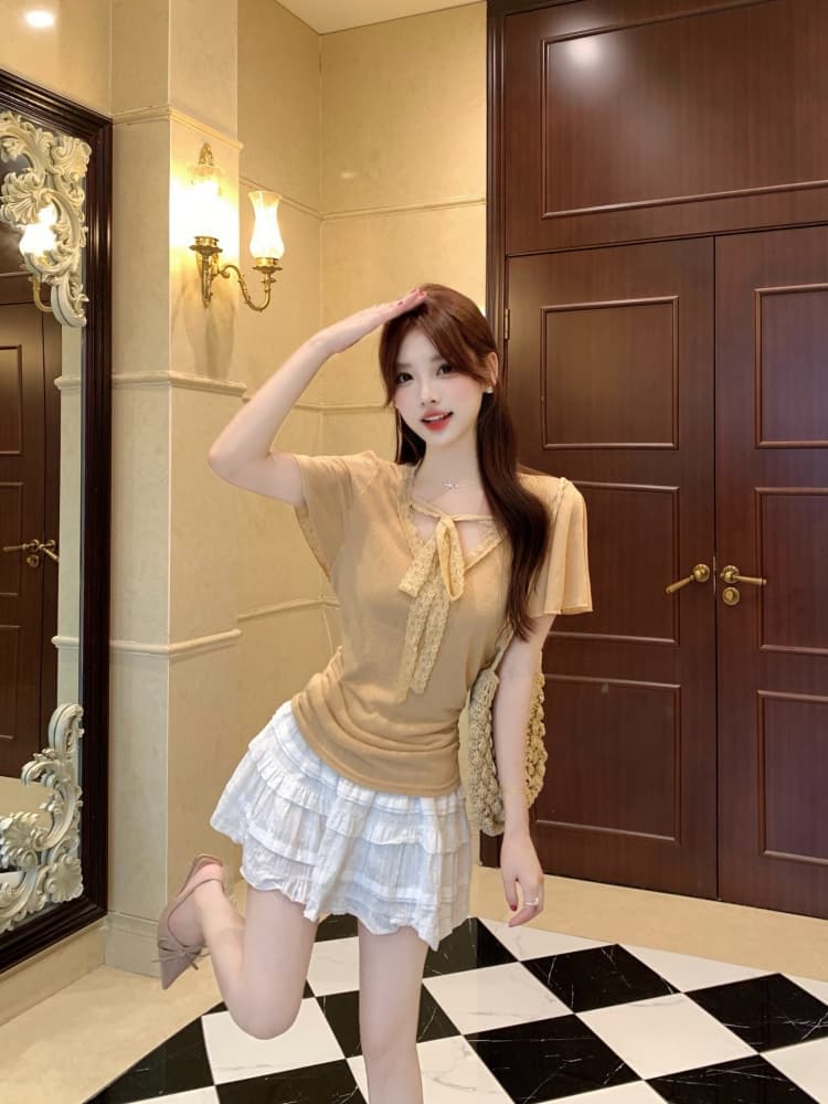 실사 한국 스타일 패션 품격 디자인 센스 지방 mm 레이스 조각 반팔 티셔츠 2026 새로운 캐주얼 작은 셔츠 상세 이미지 4