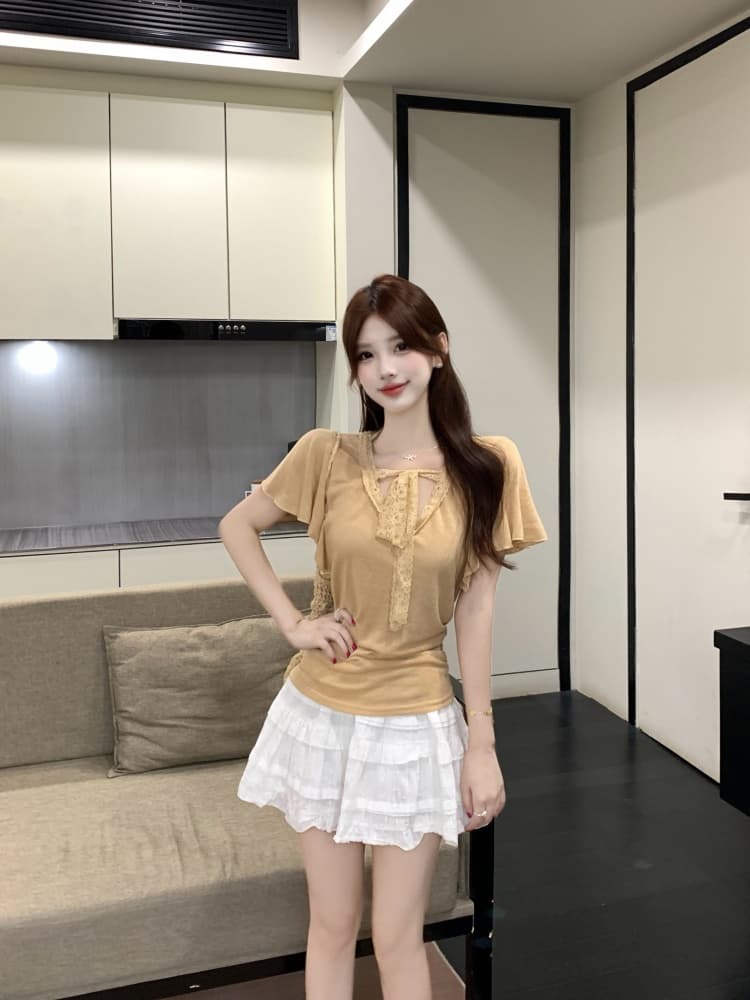 실사 한국 스타일 패션 품격 디자인 센스 지방 mm 레이스 조각 반팔 티셔츠 2026 새로운 캐주얼 작은 셔츠 상세 이미지 7