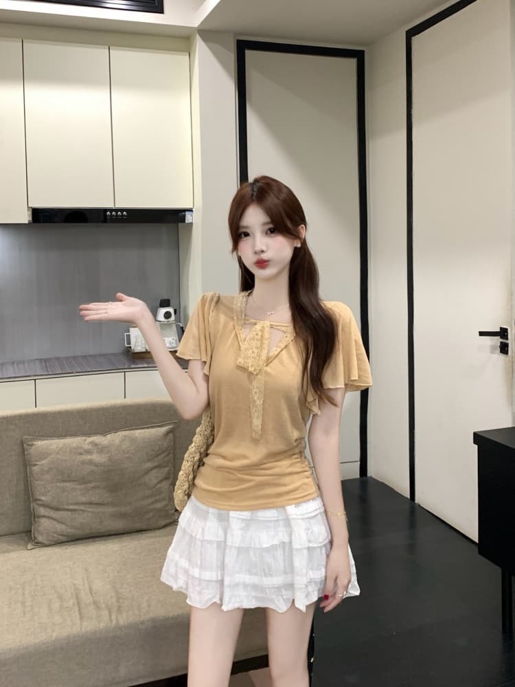 실사 한국 스타일 패션 품격 디자인 센스 지방 mm 레이스 조각 반팔 티셔츠 2026 새로운 캐주얼 작은 셔츠 상세 이미지 8