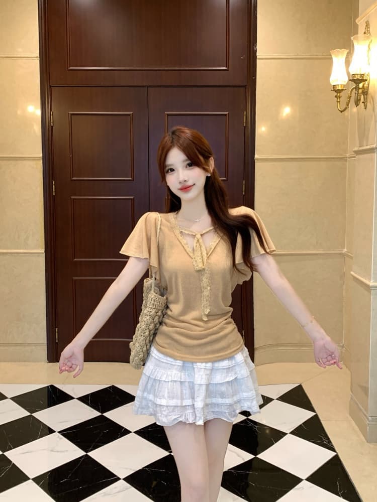 실사 한국 스타일 패션 품격 디자인 센스 지방 mm 레이스 조각 반팔 티셔츠 2026 새로운 캐주얼 작은 셔츠 상세 이미지 9