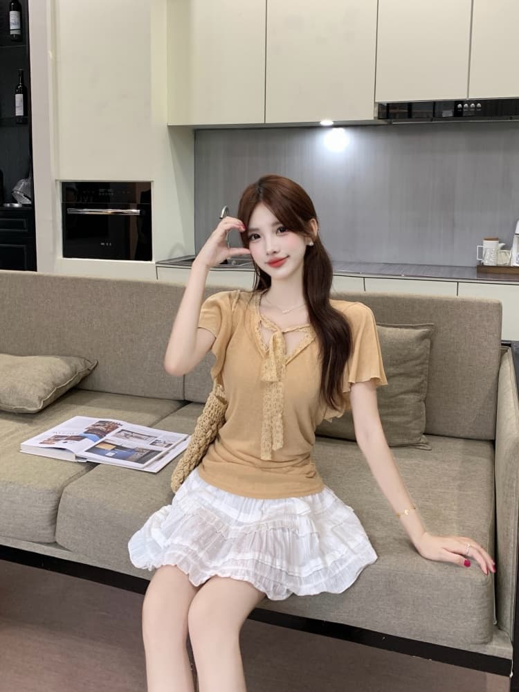 실사 한국 스타일 패션 품격 디자인 센스 지방 mm 레이스 조각 반팔 티셔츠 2026 새로운 캐주얼 작은 셔츠 상세 이미지 10