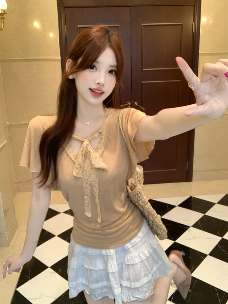 실사 한국 스타일 패션 품격 디자인 센스 지방 mm 레이스 조각 반팔 티셔츠 2026 새로운 캐주얼 작은 셔츠 상세 이미지 11