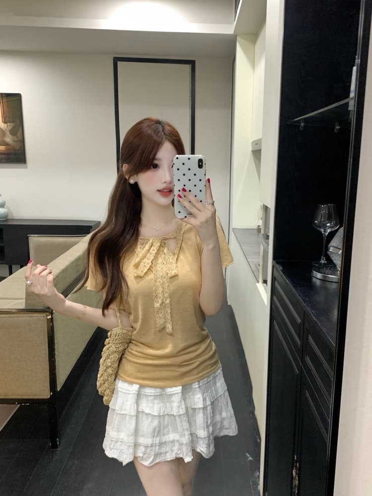 실사 한국 스타일 패션 품격 디자인 센스 지방 mm 레이스 조각 반팔 티셔츠 2026 새로운 캐주얼 작은 셔츠 상세 이미지 12
