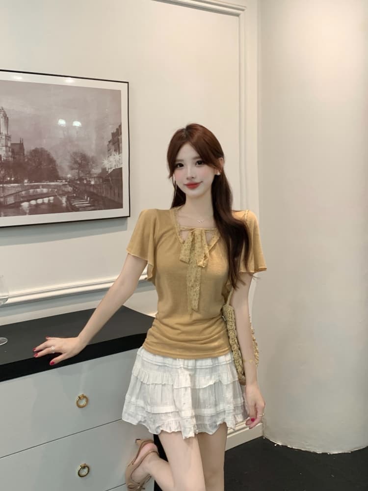 실사 한국 스타일 패션 품격 디자인 센스 지방 mm 레이스 조각 반팔 티셔츠 2026 새로운 캐주얼 작은 셔츠 상세 이미지 13