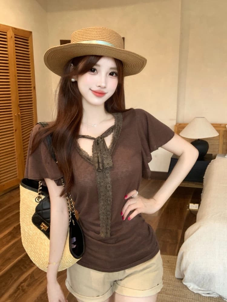 실사 한국 스타일 패션 품격 디자인 센스 지방 mm 레이스 조각 반팔 티셔츠 2026 새로운 캐주얼 작은 셔츠 상세 이미지 14