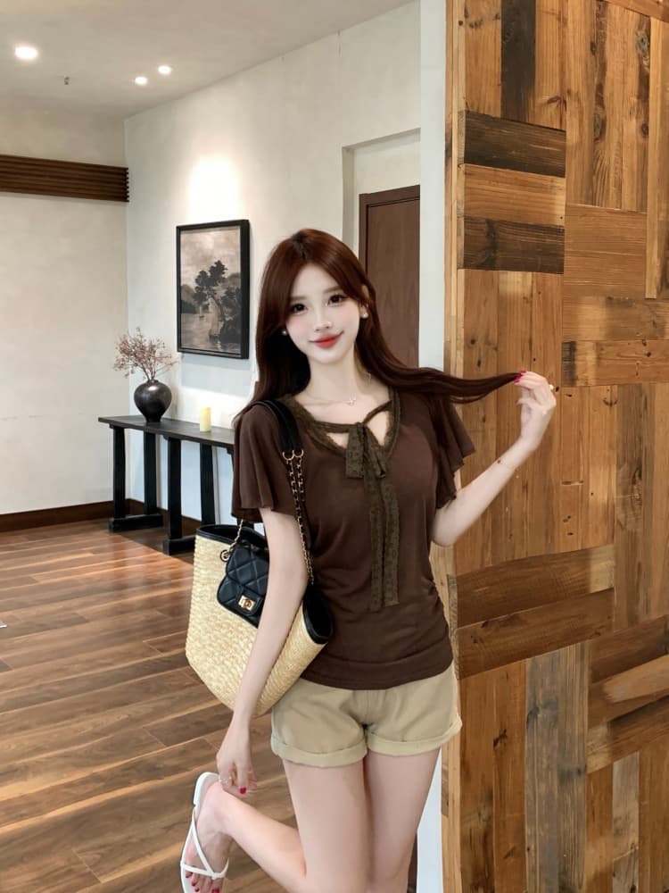 실사 한국 스타일 패션 품격 디자인 센스 지방 mm 레이스 조각 반팔 티셔츠 2026 새로운 캐주얼 작은 셔츠 상세 이미지 18