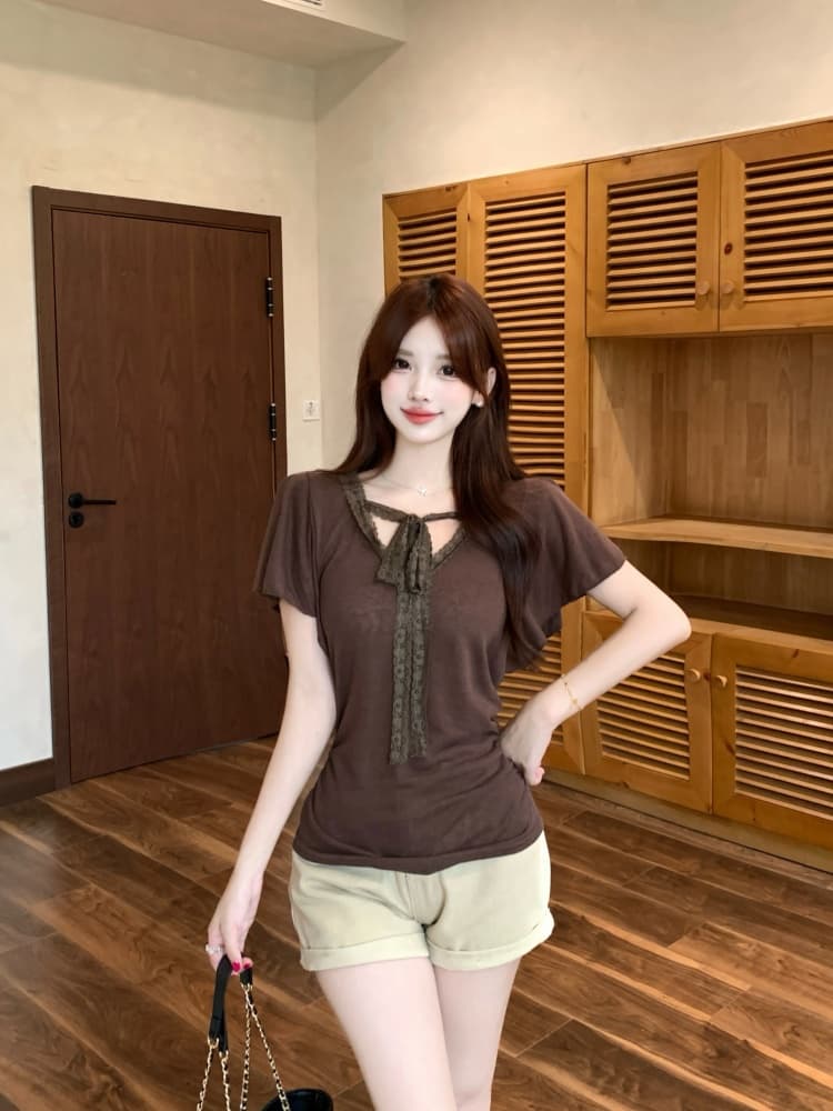 실사 한국 스타일 패션 품격 디자인 센스 지방 mm 레이스 조각 반팔 티셔츠 2026 새로운 캐주얼 작은 셔츠 상세 이미지 20