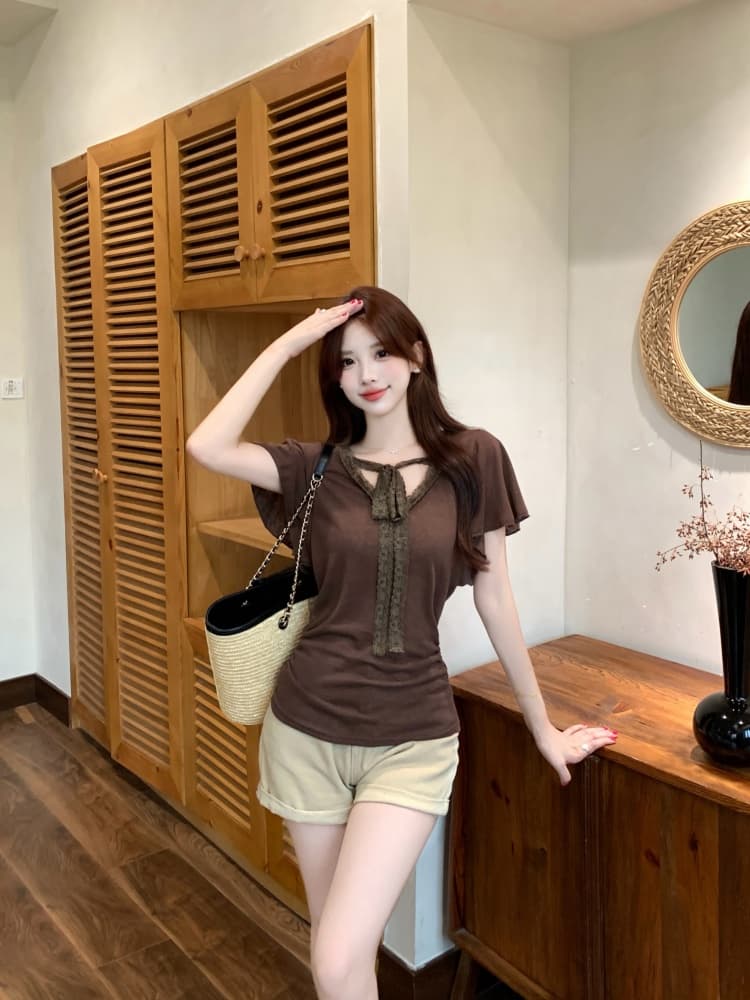 실사 한국 스타일 패션 품격 디자인 센스 지방 mm 레이스 조각 반팔 티셔츠 2026 새로운 캐주얼 작은 셔츠 상세 이미지 21
