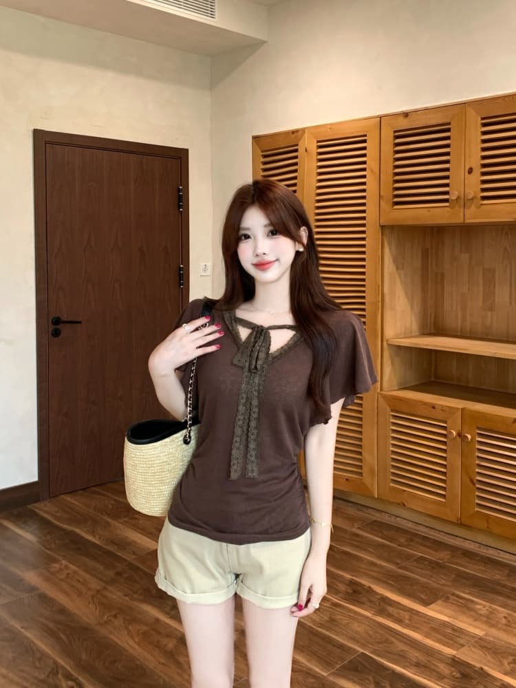 실사 한국 스타일 패션 품격 디자인 센스 지방 mm 레이스 조각 반팔 티셔츠 2026 새로운 캐주얼 작은 셔츠 상세 이미지 23