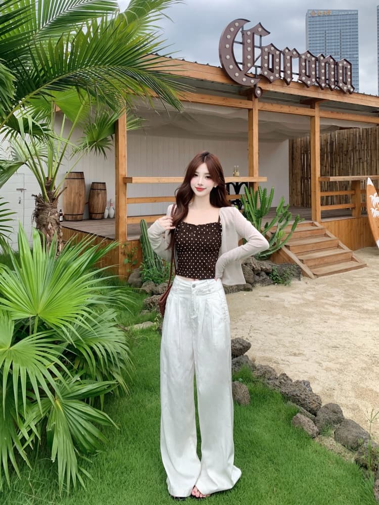 실사 한국 스타일 품격 여름 지방 mm 도트 무늬 슬립 단색 얇은 스타일 오픈 가디건 맨위 몸매 가꾸기 슬림해 보이는 투피스 세트 이미지 2