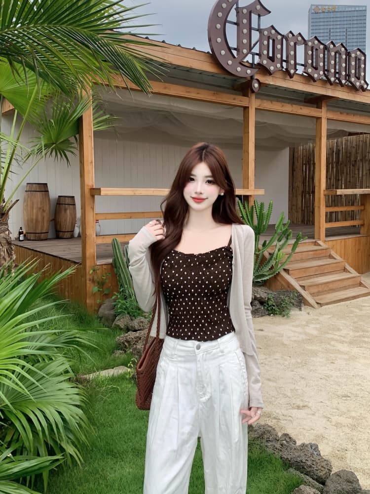 실사 한국 스타일 품격 여름 지방 mm 도트 무늬 슬립 단색 얇은 스타일 오픈 가디건 맨위 몸매 가꾸기 슬림해 보이는 투피스 세트 상세 이미지 3