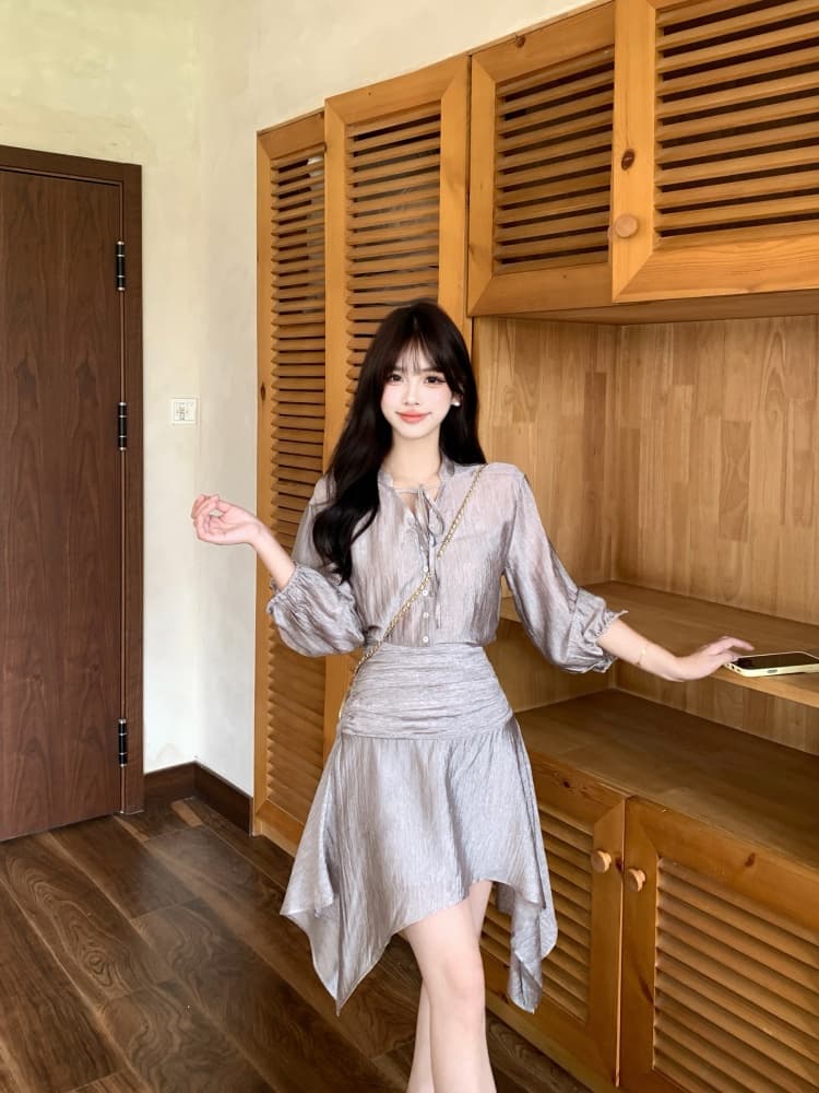 실사 깃발 깨진 그림자 2026 여름 새로운 지방 mm 질감 센스 아세트산 허리 수축 드레스 페이크 레이어드 미니 스커트 상세 이미지 7