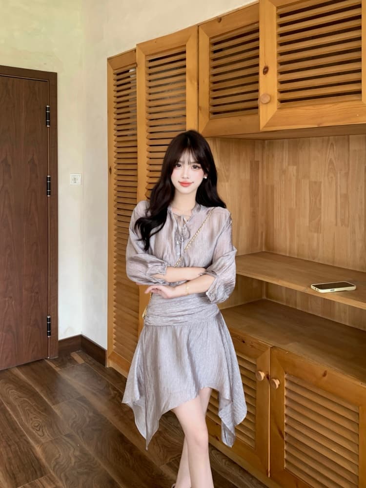 실사 깃발 깨진 그림자 2026 여름 새로운 지방 mm 질감 센스 아세트산 허리 수축 드레스 페이크 레이어드 미니 스커트 상세 이미지 9