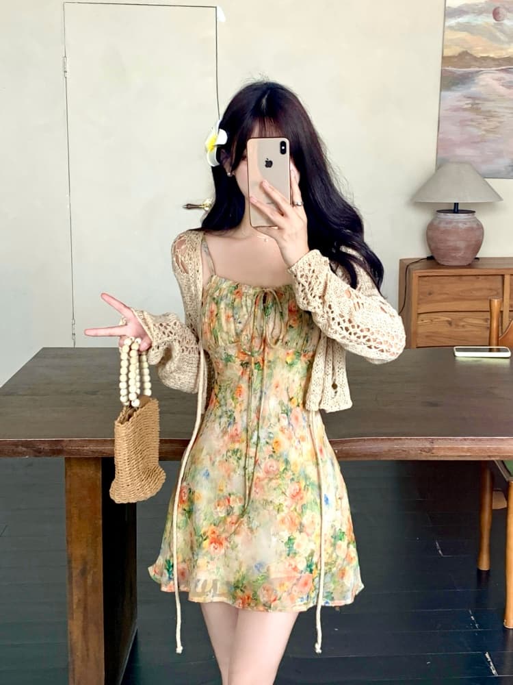 실사 모네 정원 3 차원 프린트 비스듬한 자르다 슬립 드레스 지방 mm 여름 슬림해 보이는 홀로우 아웃 블라우스 투피스 세트