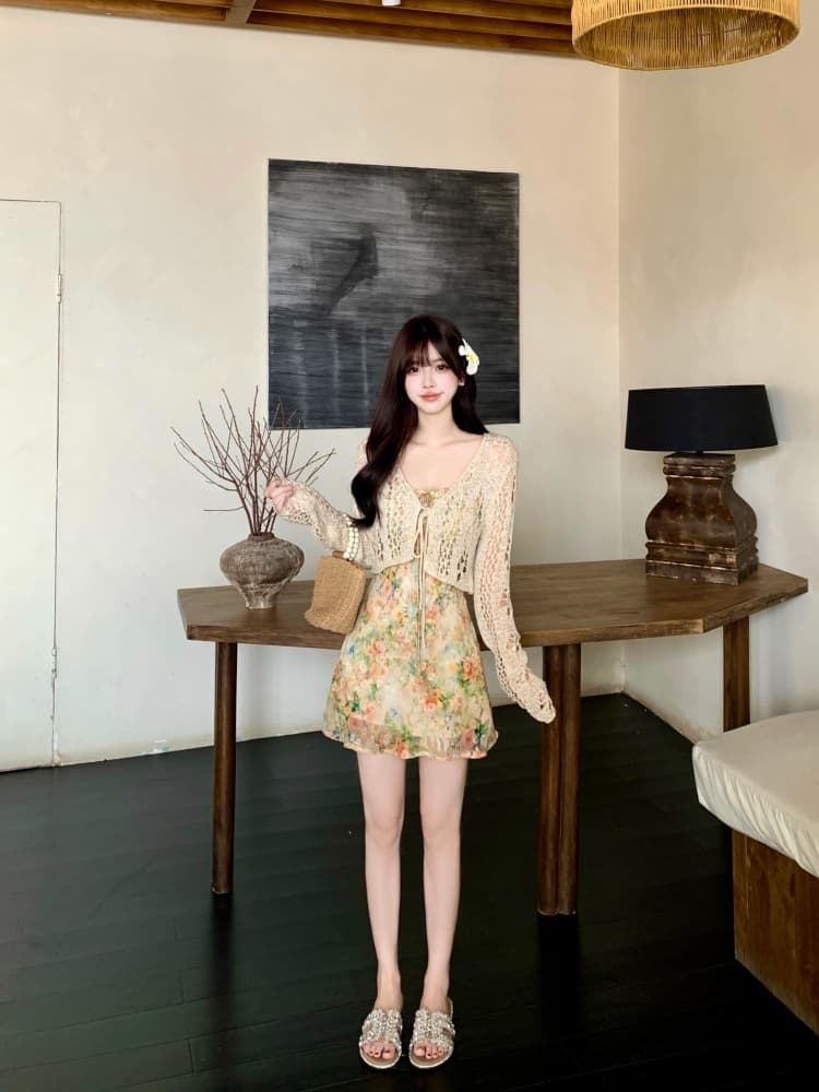 실사 모네 정원 3 차원 프린트 비스듬한 자르다 슬립 드레스 지방 mm 여름 슬림해 보이는 홀로우 아웃 블라우스 투피스 세트 이미지 4