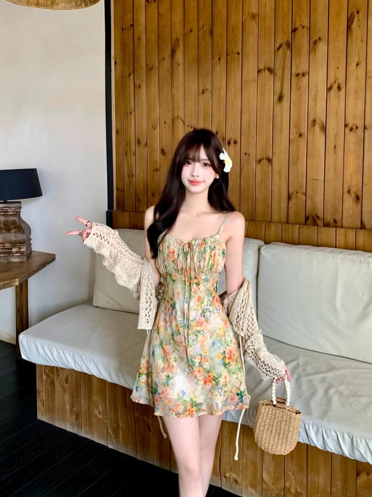실사 모네 정원 3 차원 프린트 비스듬한 자르다 슬립 드레스 지방 mm 여름 슬림해 보이는 홀로우 아웃 블라우스 투피스 세트 상세 이미지 2
