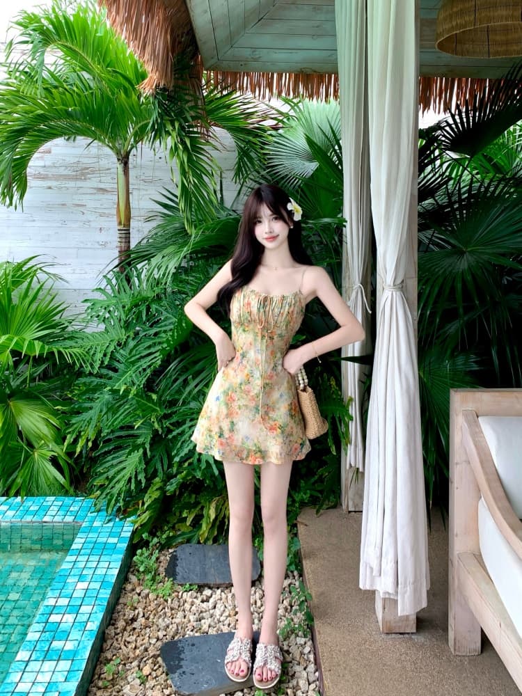 실사 모네 정원 3 차원 프린트 비스듬한 자르다 슬립 드레스 지방 mm 여름 슬림해 보이는 홀로우 아웃 블라우스 투피스 세트 상세 이미지 3