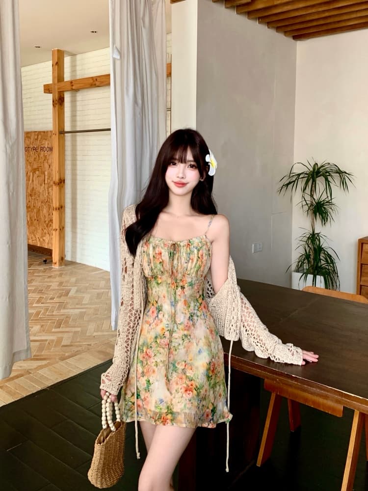 실사 모네 정원 3 차원 프린트 비스듬한 자르다 슬립 드레스 지방 mm 여름 슬림해 보이는 홀로우 아웃 블라우스 투피스 세트 상세 이미지 5