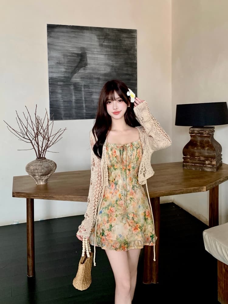 실사 모네 정원 3 차원 프린트 비스듬한 자르다 슬립 드레스 지방 mm 여름 슬림해 보이는 홀로우 아웃 블라우스 투피스 세트 상세 이미지 6