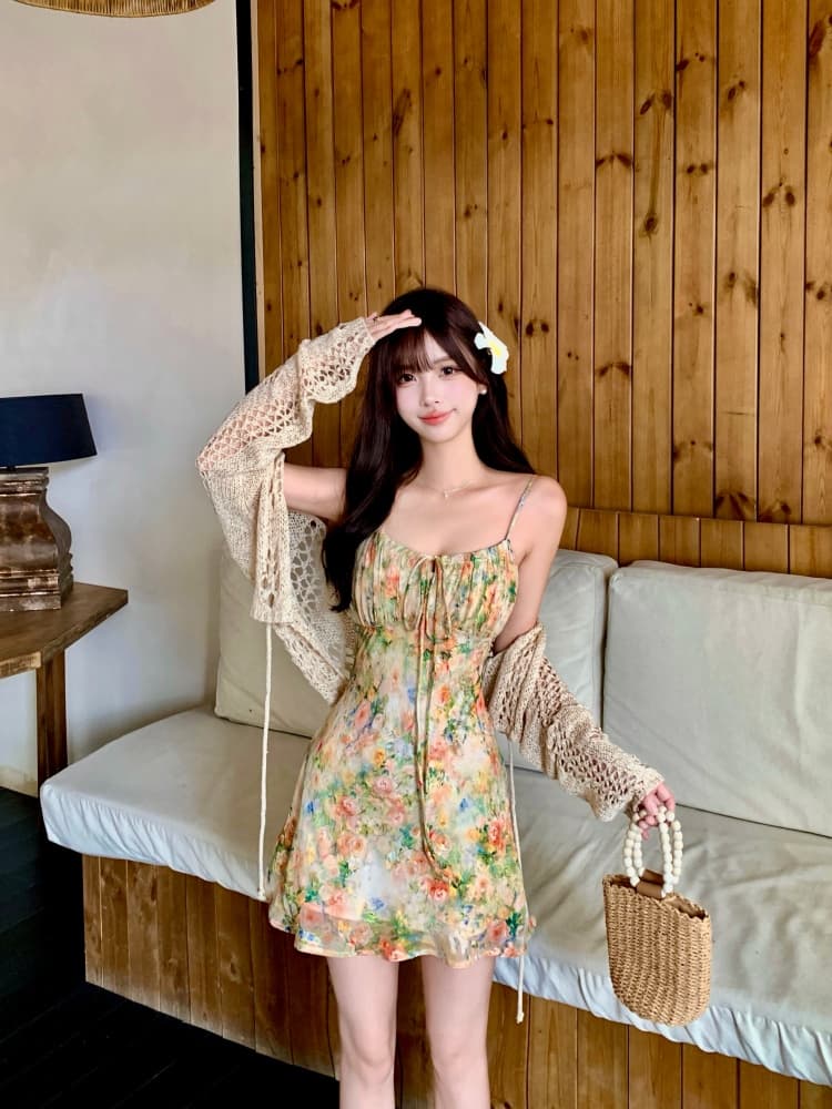 실사 모네 정원 3 차원 프린트 비스듬한 자르다 슬립 드레스 지방 mm 여름 슬림해 보이는 홀로우 아웃 블라우스 투피스 세트 상세 이미지 8